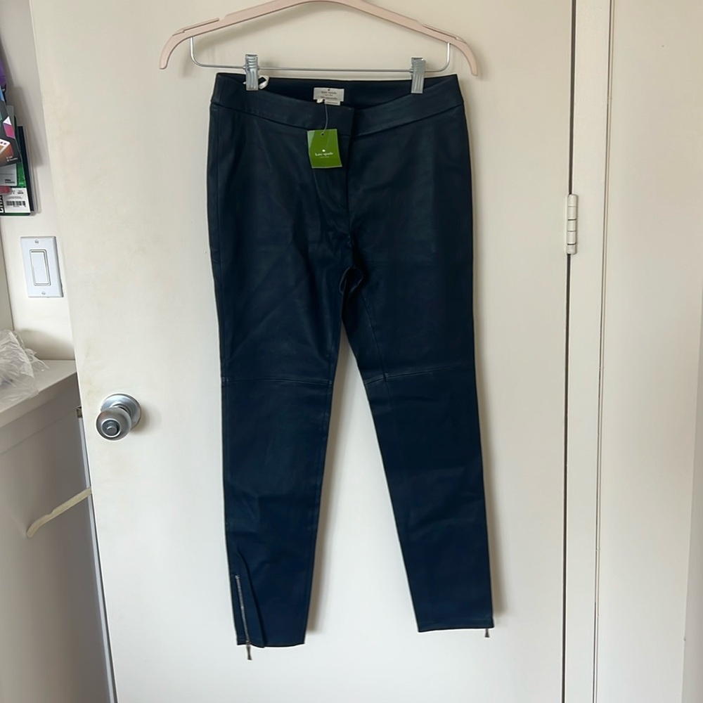 Navy Leather Pants with Zipper Detail